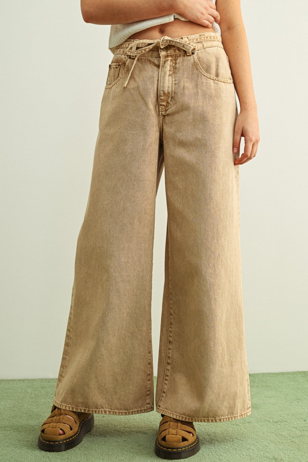 Tied Belt Washed Beige Pants