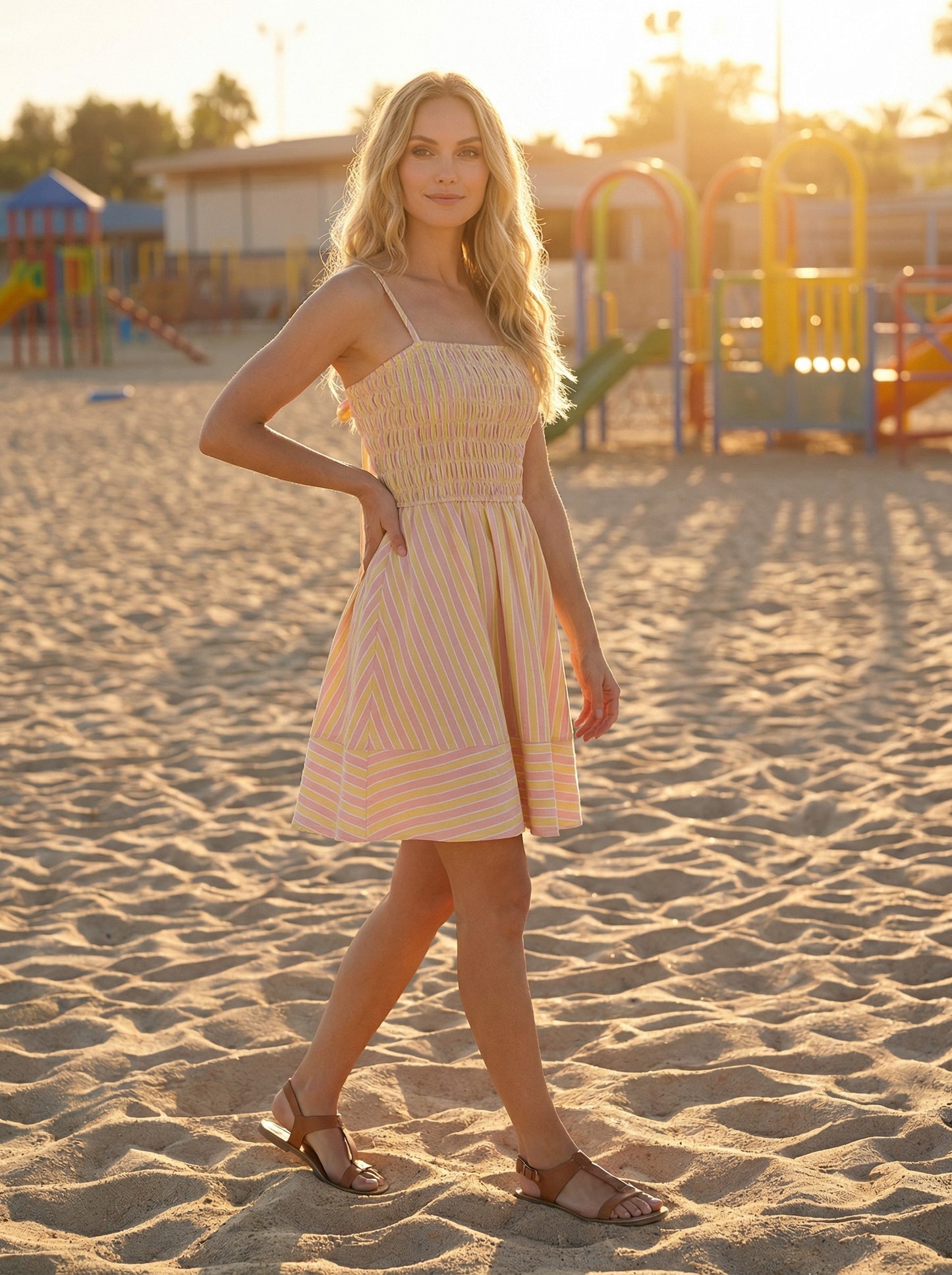 Striped Smocked Mini Dress w/ Bow Back