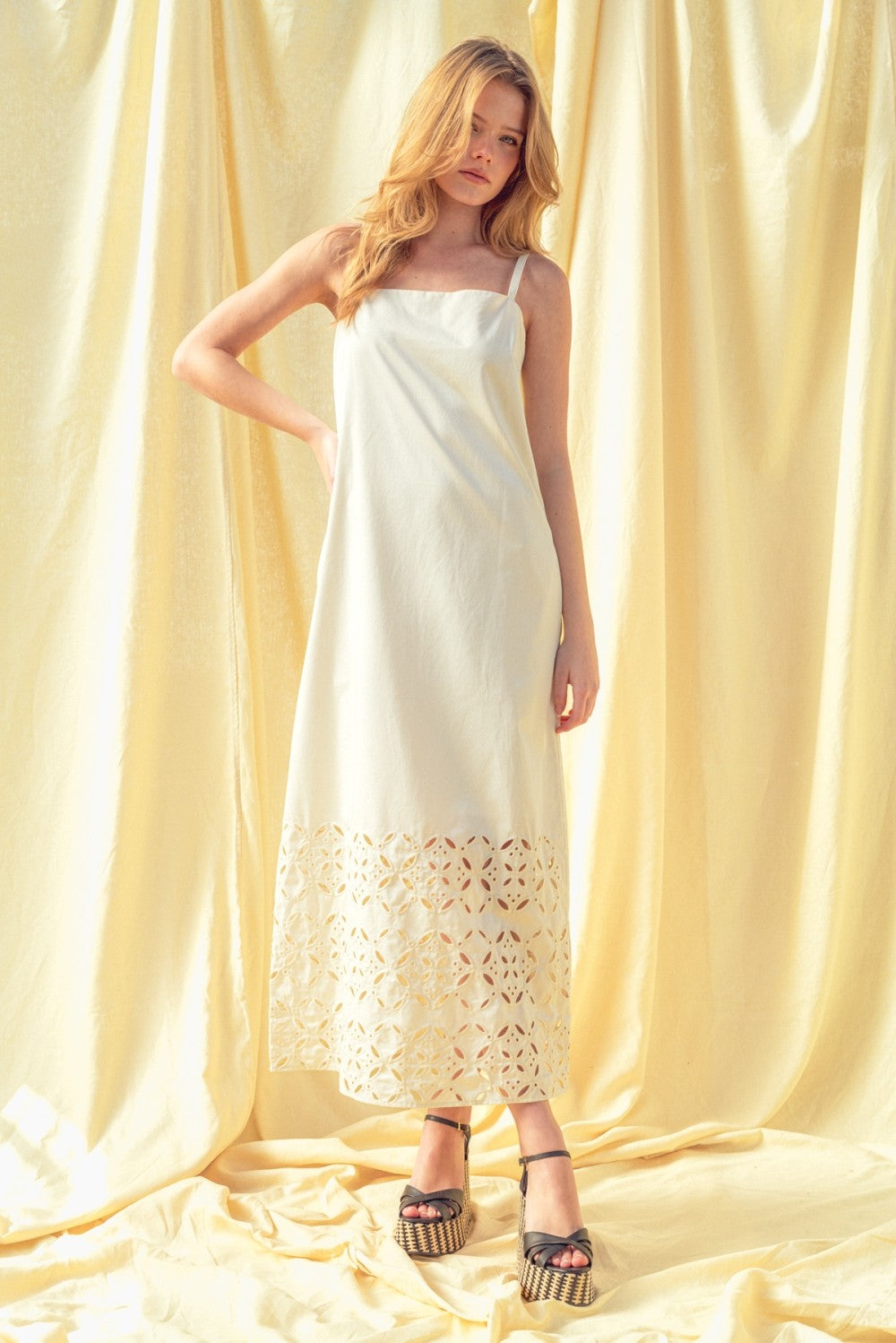Cream Embroidered Trim Midi Dress