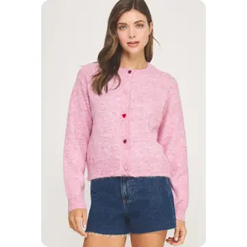 Multi Color Heart Button Cardigan Pink - Clothe Boutique