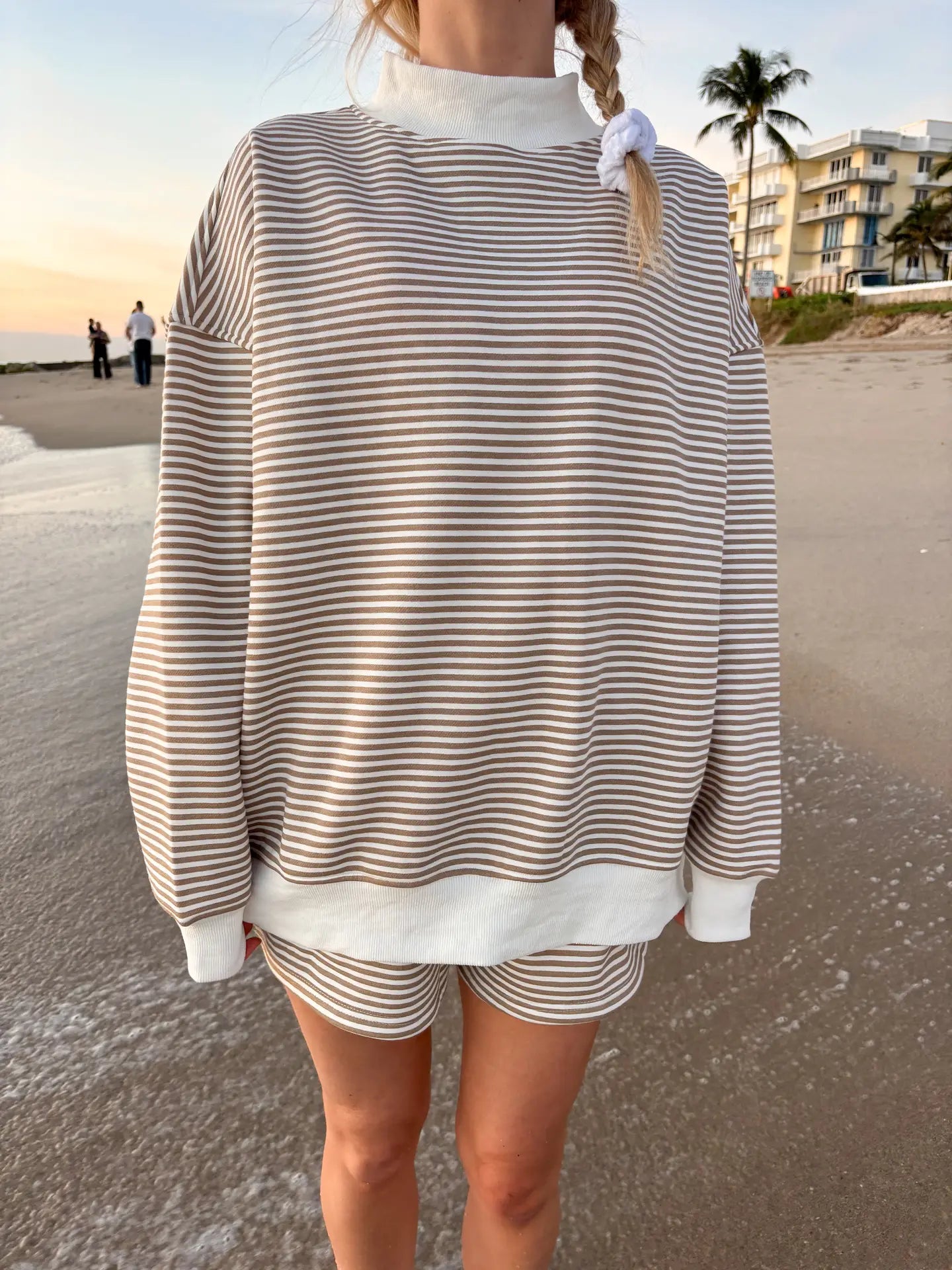 Brown/White Stripe Mock Neck Pullover