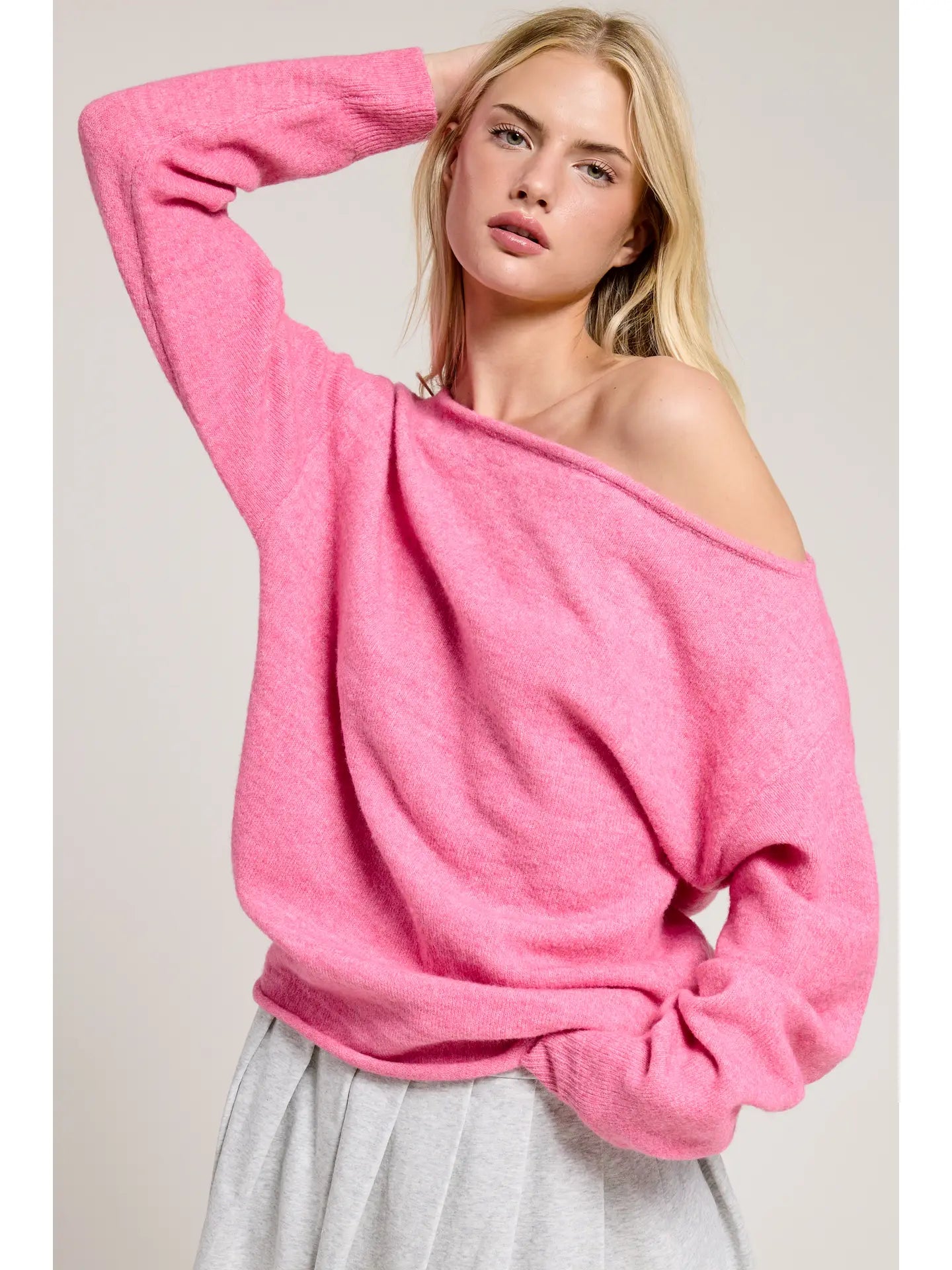 Off Shoulder Cozy Sweater Pink - Clothe Boutique