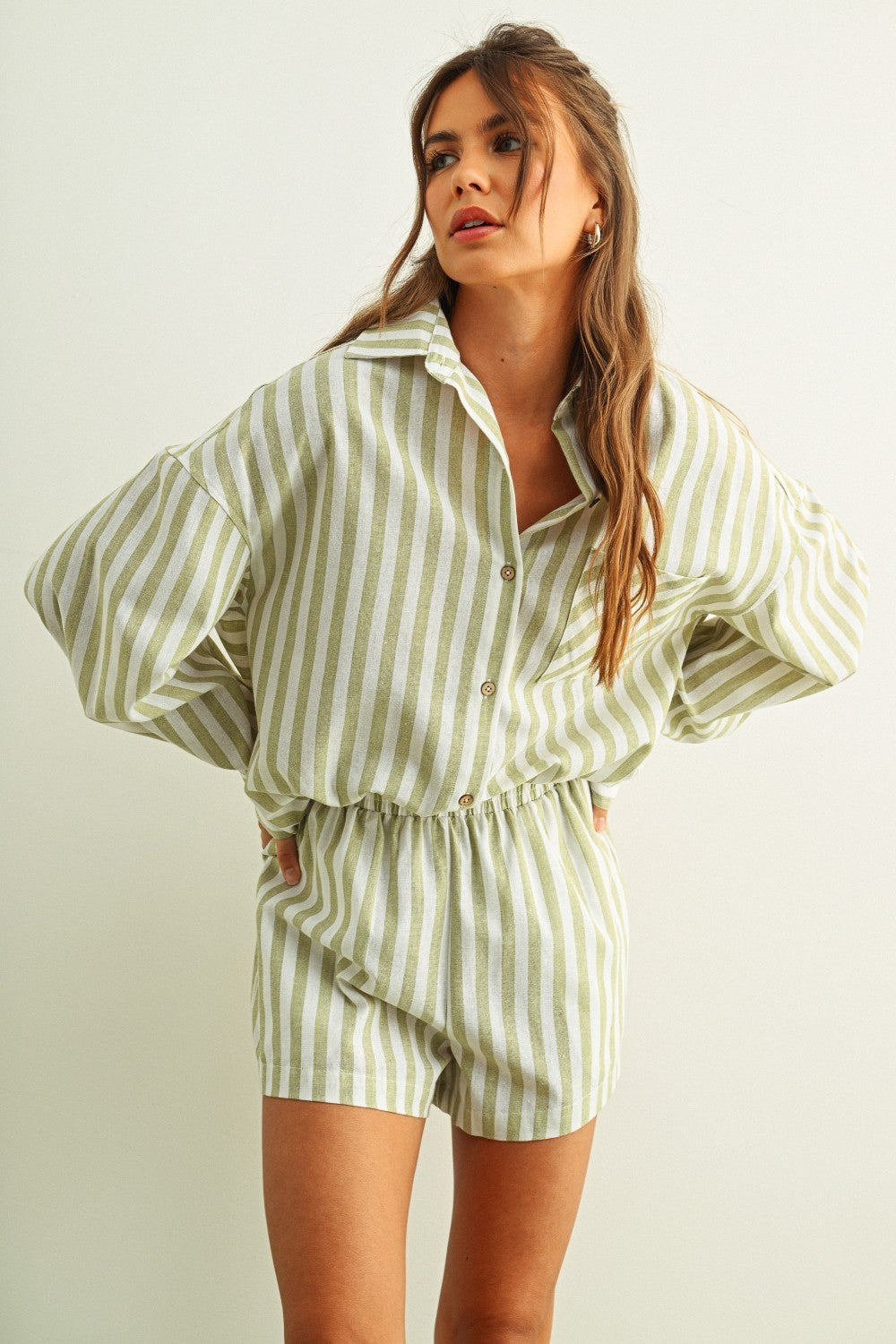 Striped Button Down Linen Shirt Sage - Clothe Boutique