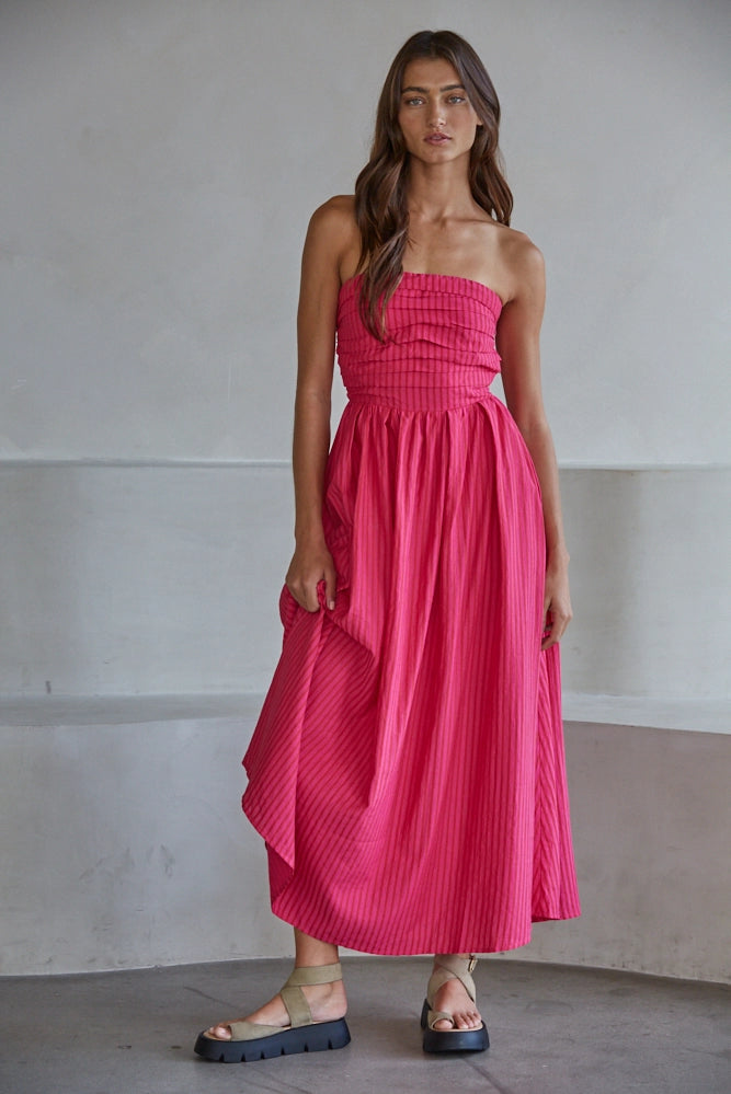 Striped Tube Top Midi Dress Pink