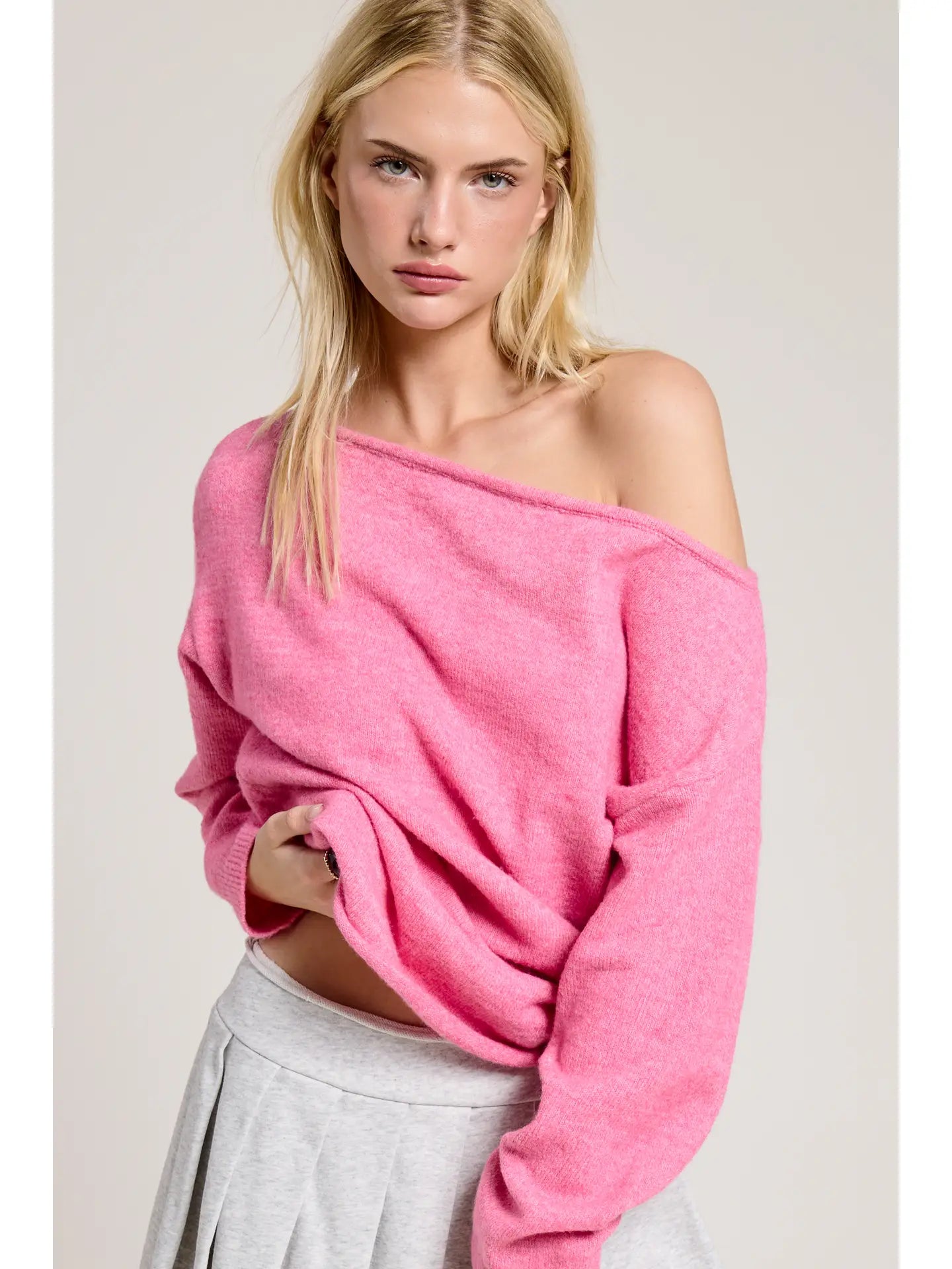 Off Shoulder Cozy Sweater Pink - Clothe Boutique
