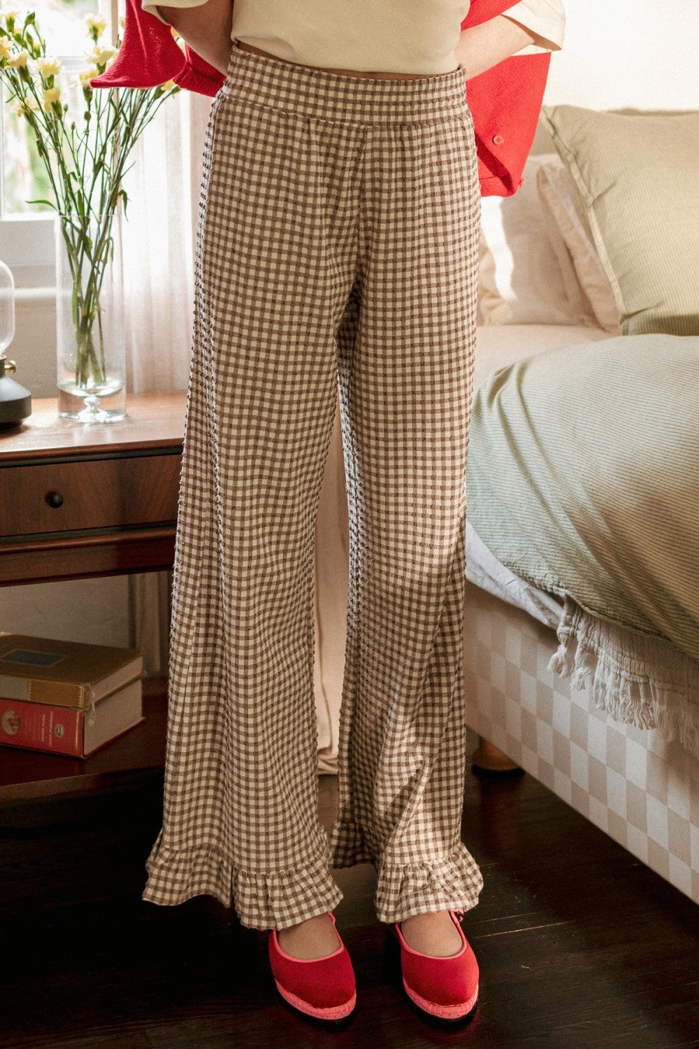 Brown Gingham Pants w/ Ruffle