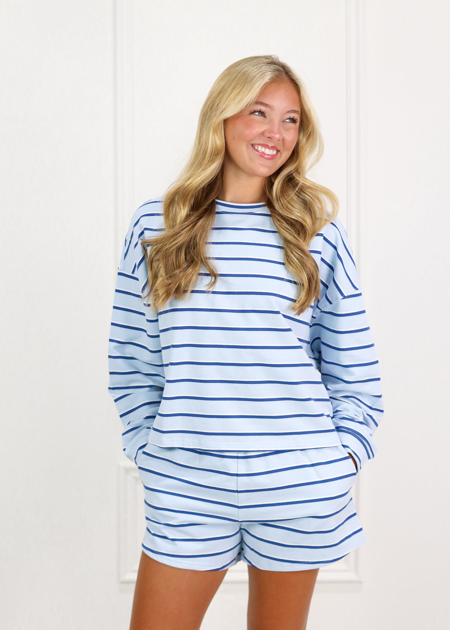 Blue/Navy Stripe Sweatshirt & Shorts Set of 2