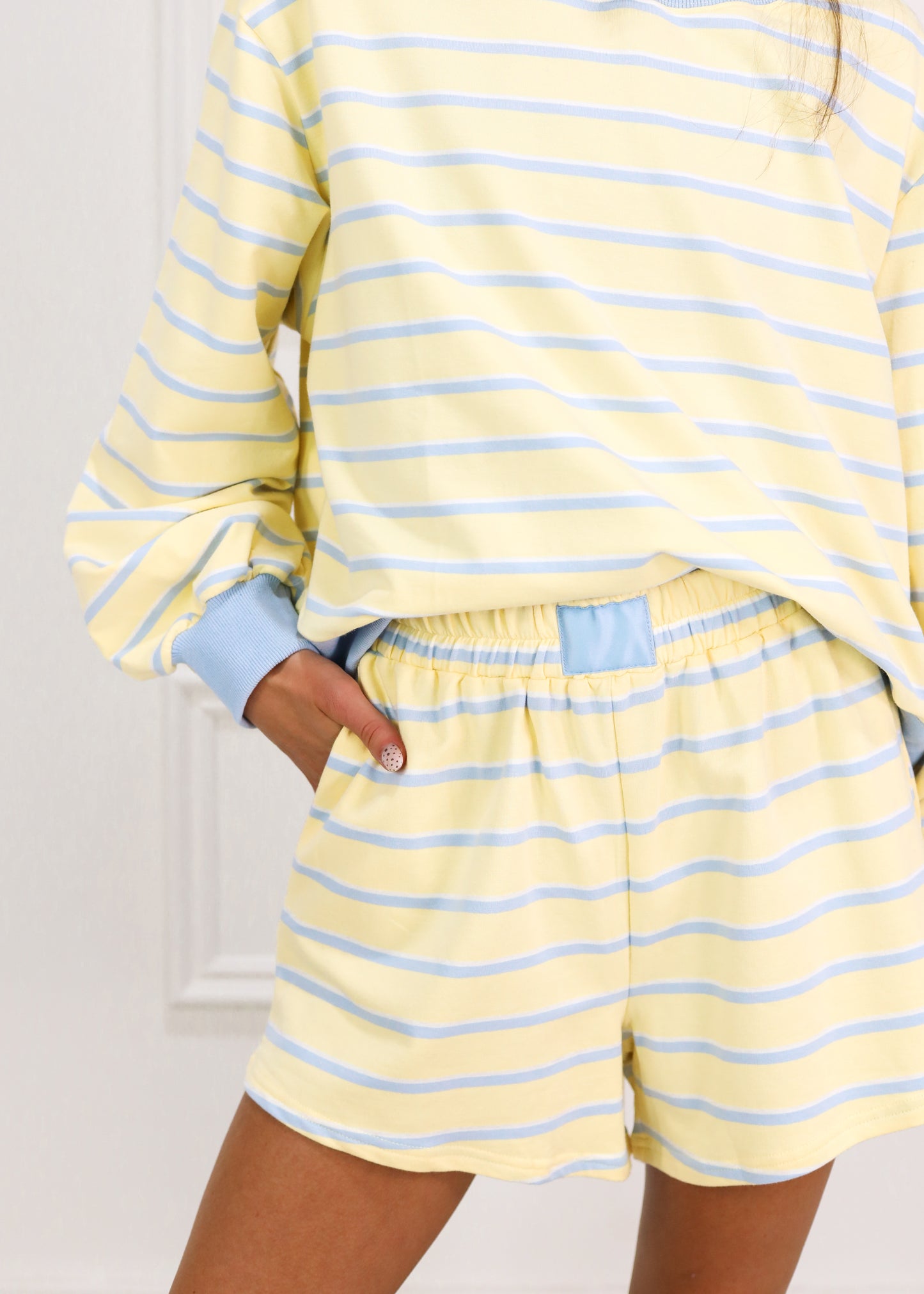 Yellow/Blue Mock Neck Stripe Sweatshirt & Shorts Set of 2