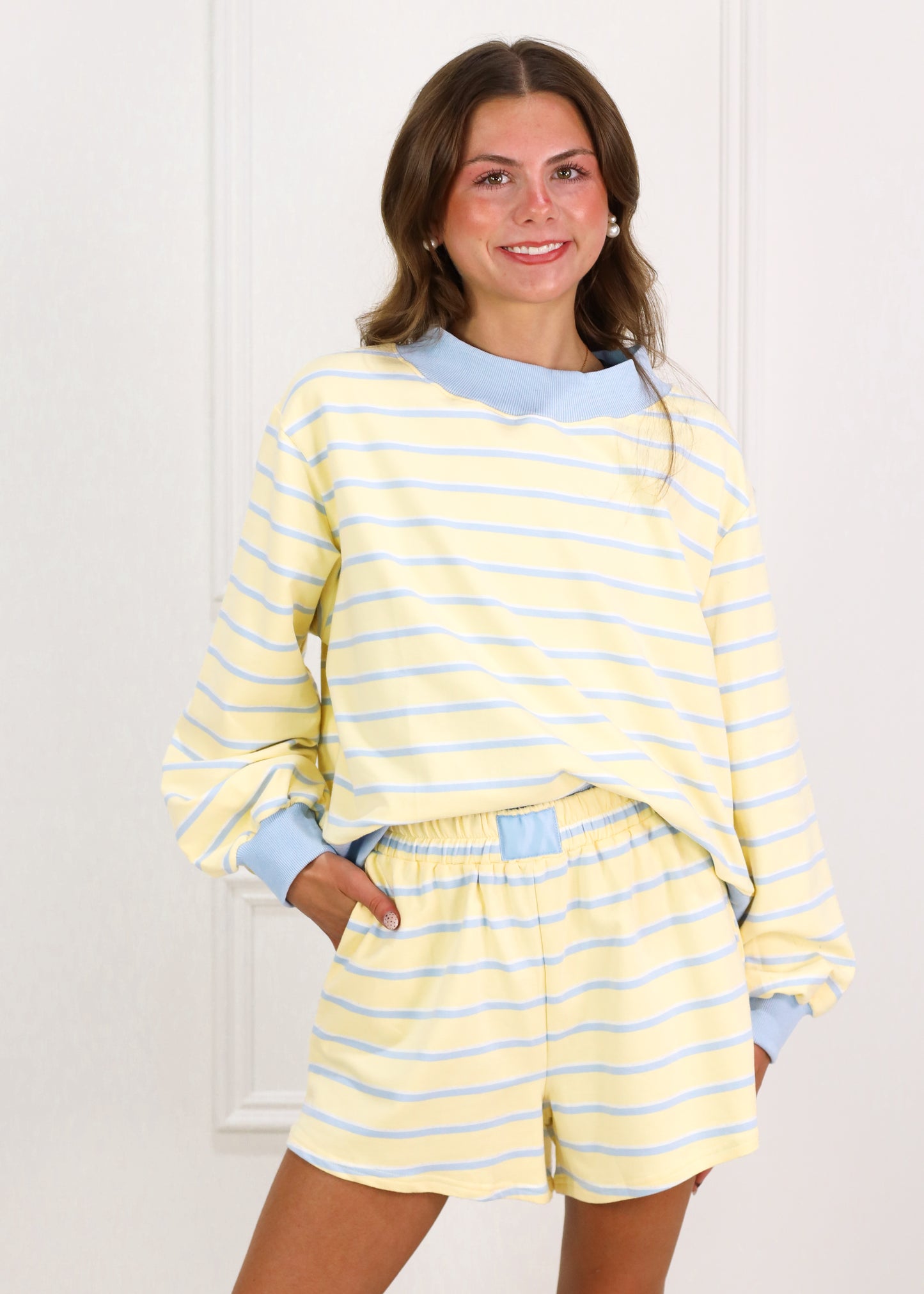 Yellow/Blue Mock Neck Stripe Sweatshirt & Shorts Set of 2