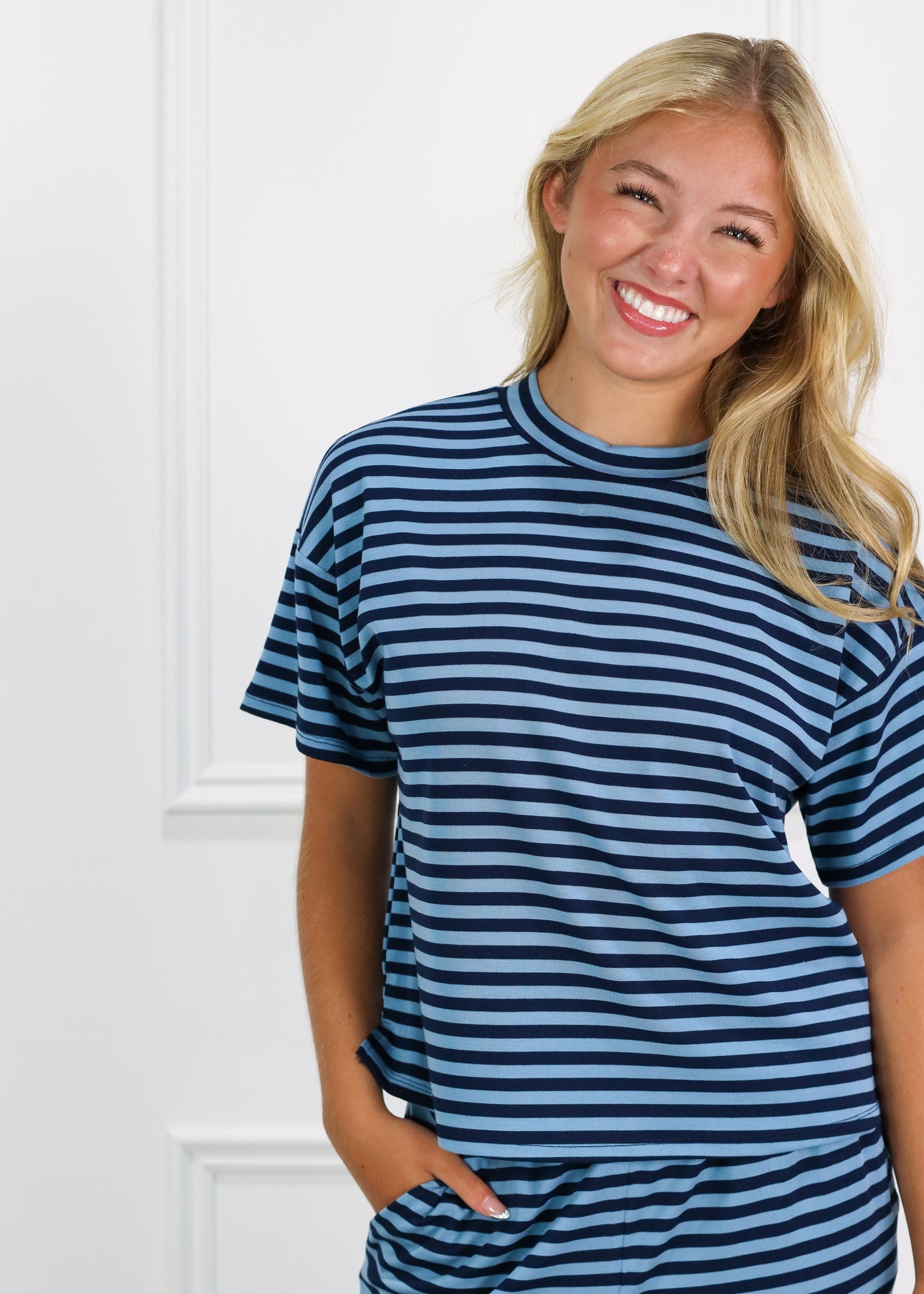 Mandy Stripe Top Navy/Aqua