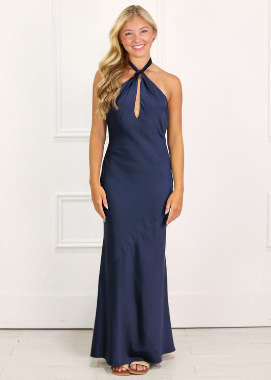 Satin Keyhole Halter Maxi Dress Navy