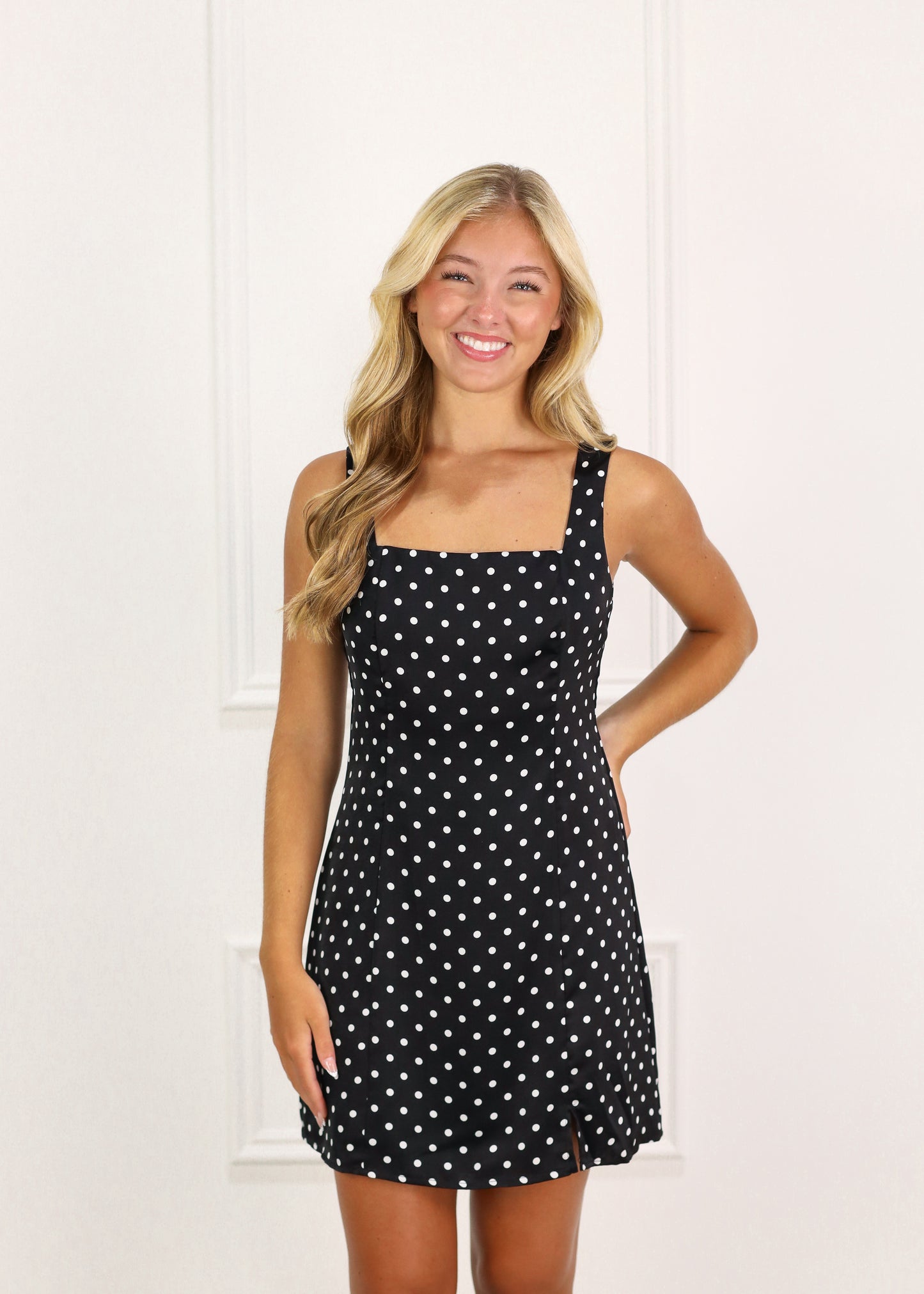 Satin Square Neck Dot Dress Black