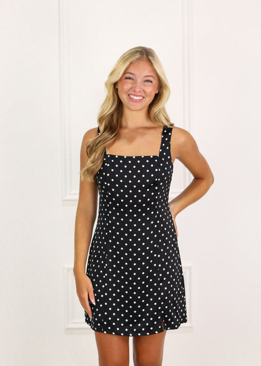 Satin Square Neck Dot Dress Black