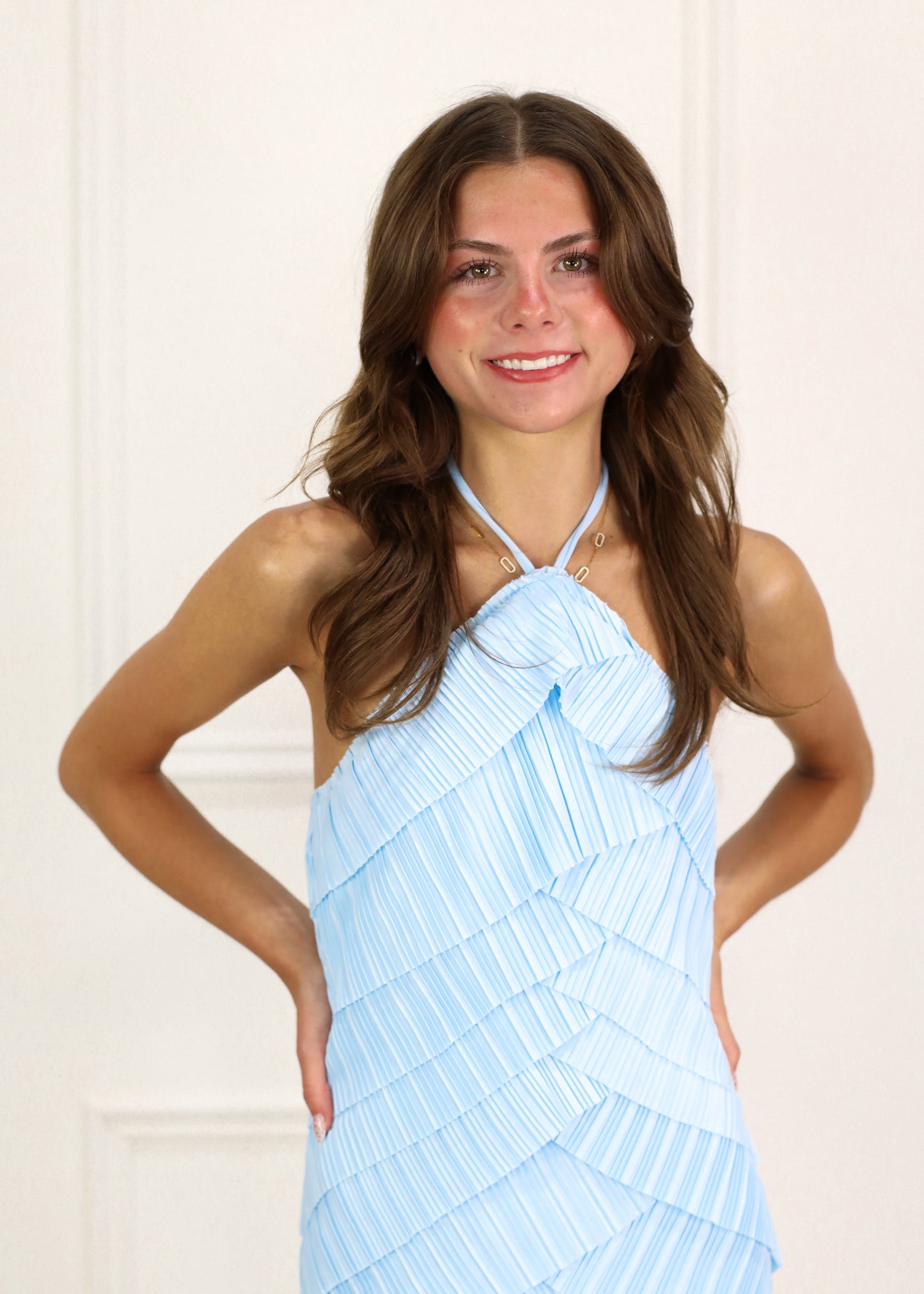 Pleated Halter Midi Dress Blue