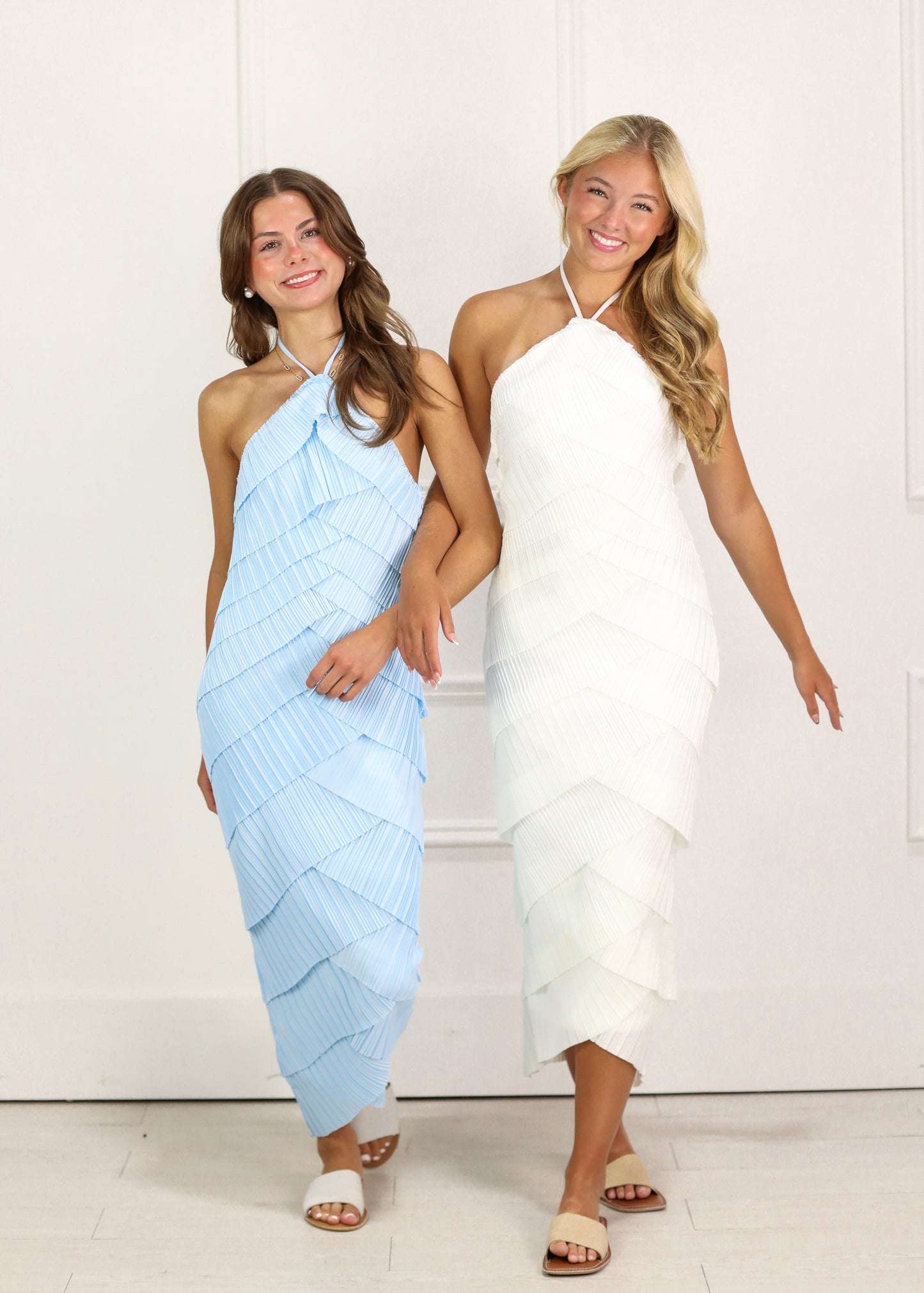 Pleated Halter Midi Dress Blue
