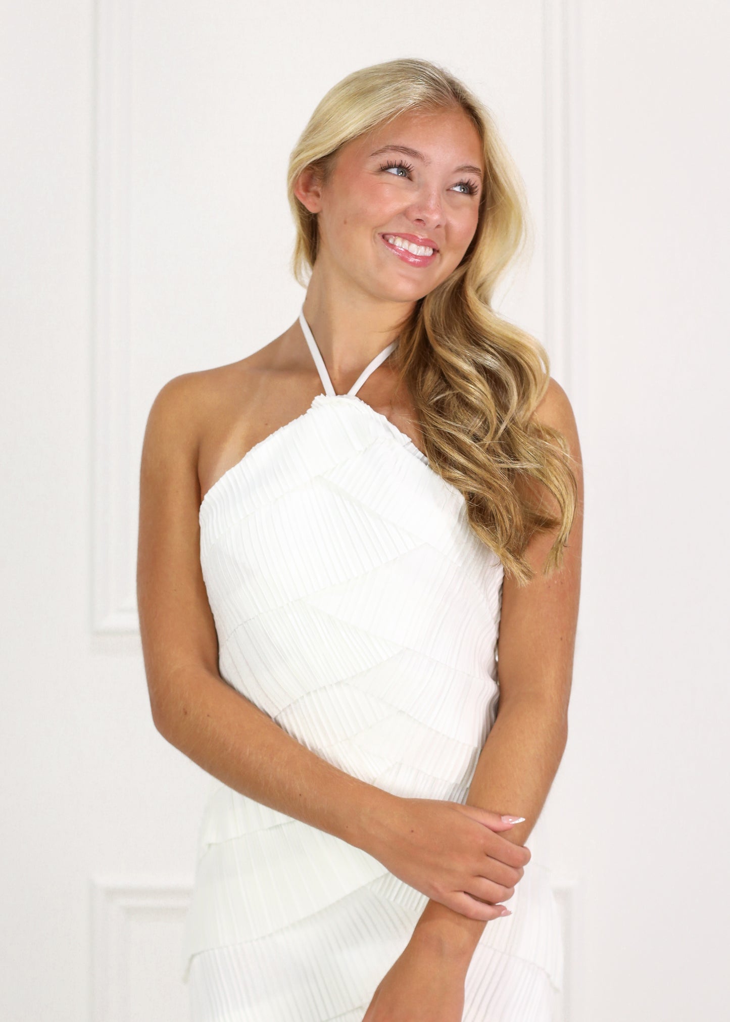 Pleated Halter Midi Dress Ivory