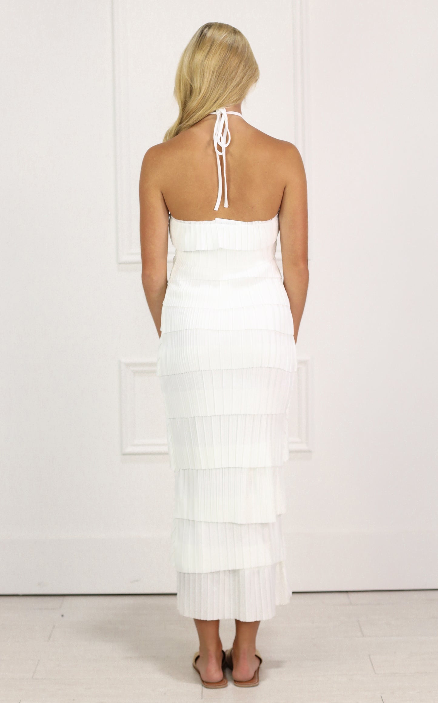 Pleated Halter Midi Dress Ivory