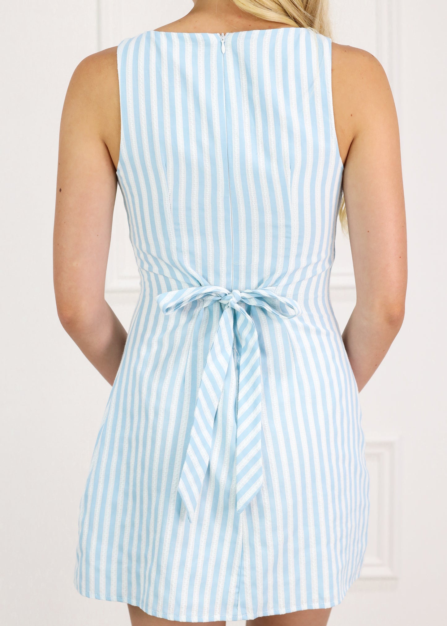Blue Pinstripe Boat Neck Dress
