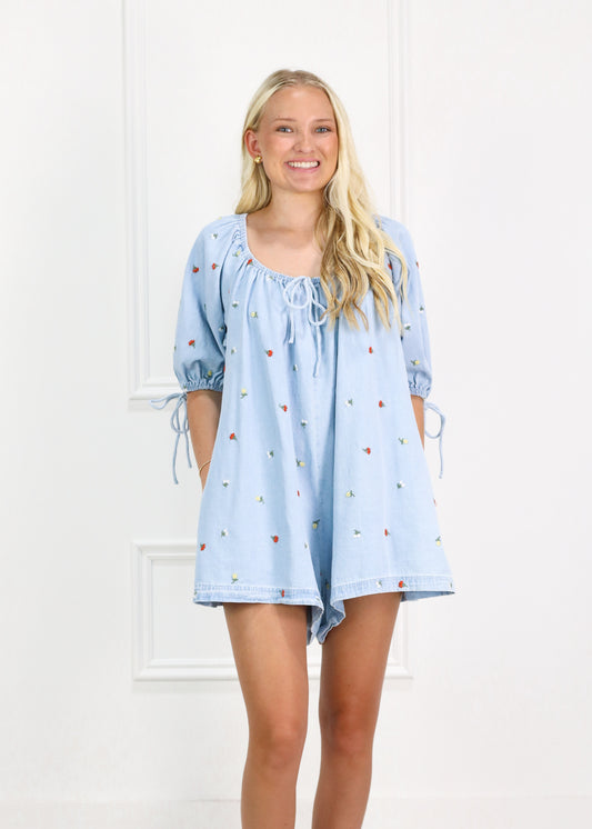 Embroidered Flowers Denim Romper