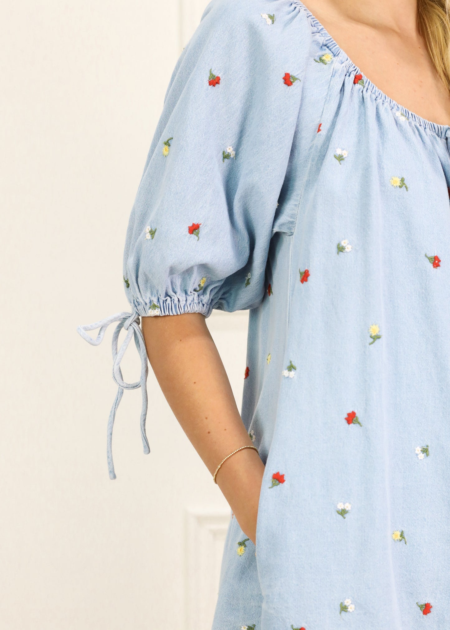 Embroidered Flowers Denim Romper