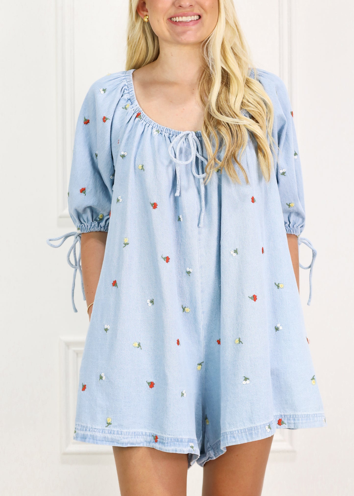 Embroidered Flowers Denim Romper
