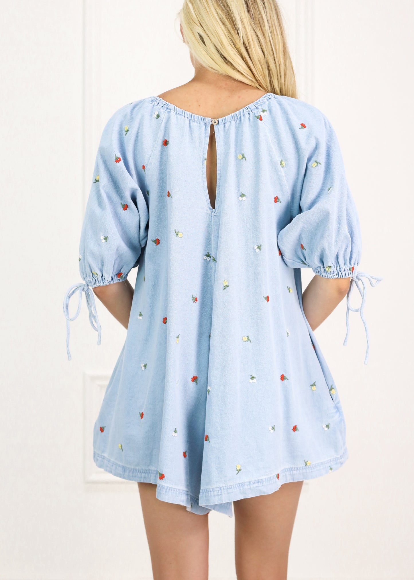 Embroidered Flowers Denim Romper