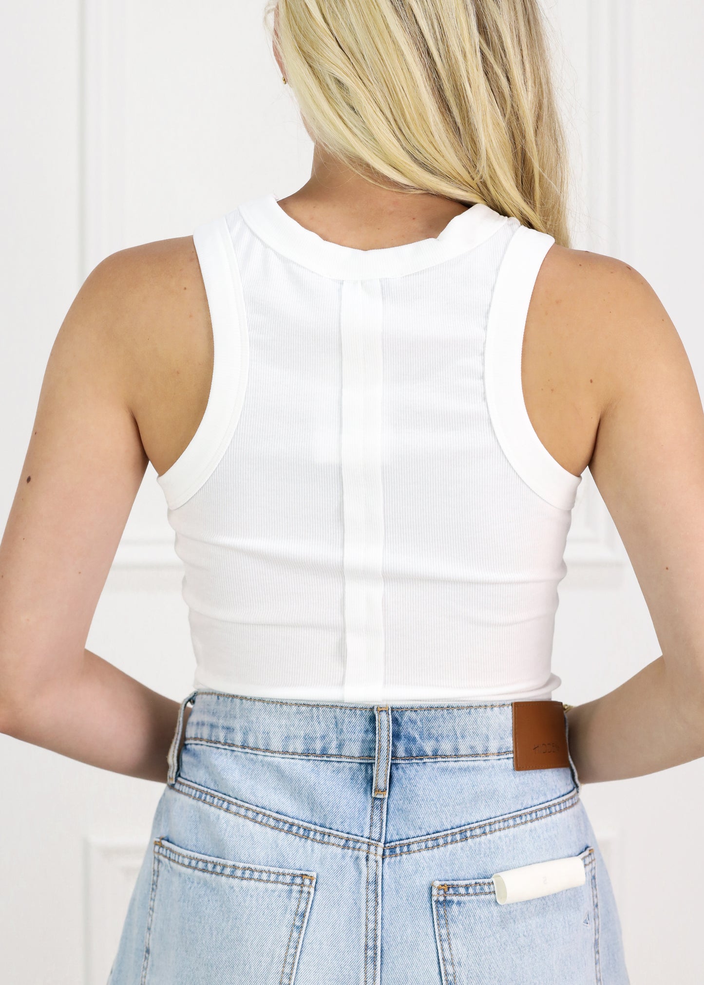 Flower Ribbed Tank White