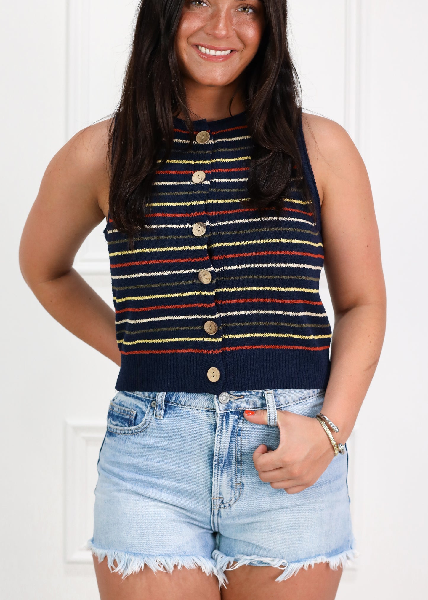 Multi Stripe Button Knit Top Navy
