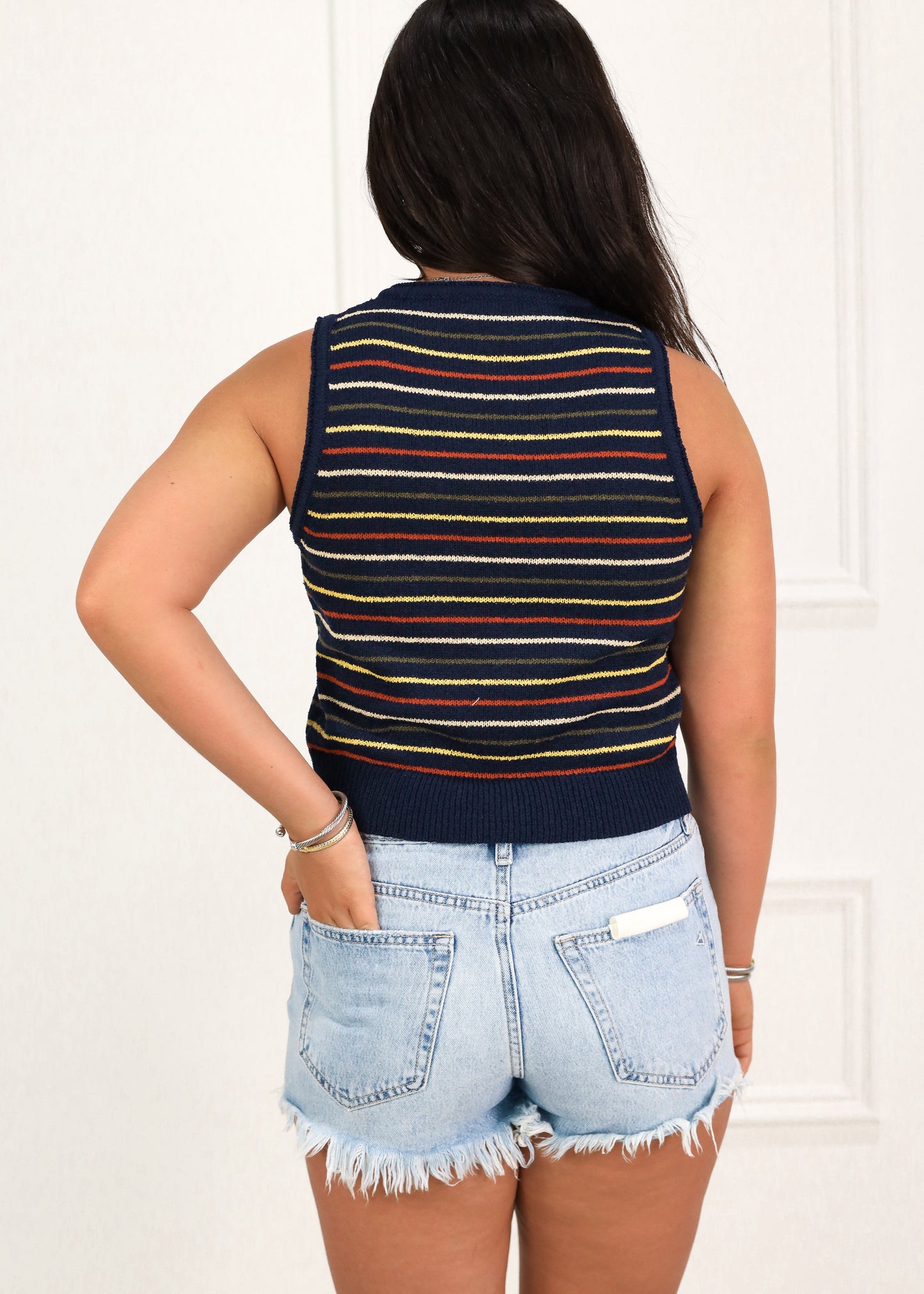 Multi Stripe Button Knit Top Navy