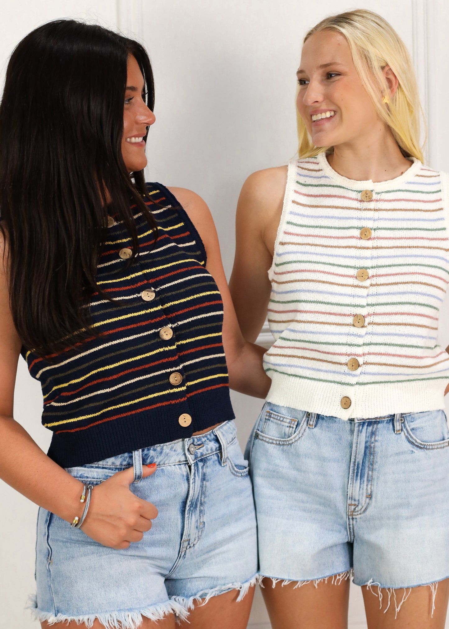 Multi Stripe Button Knit Top Navy