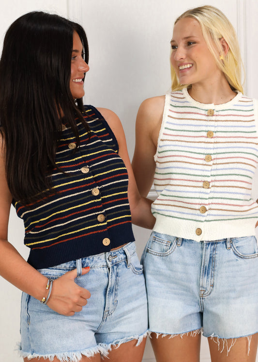 Multi Stripe Button Knit Top Navy