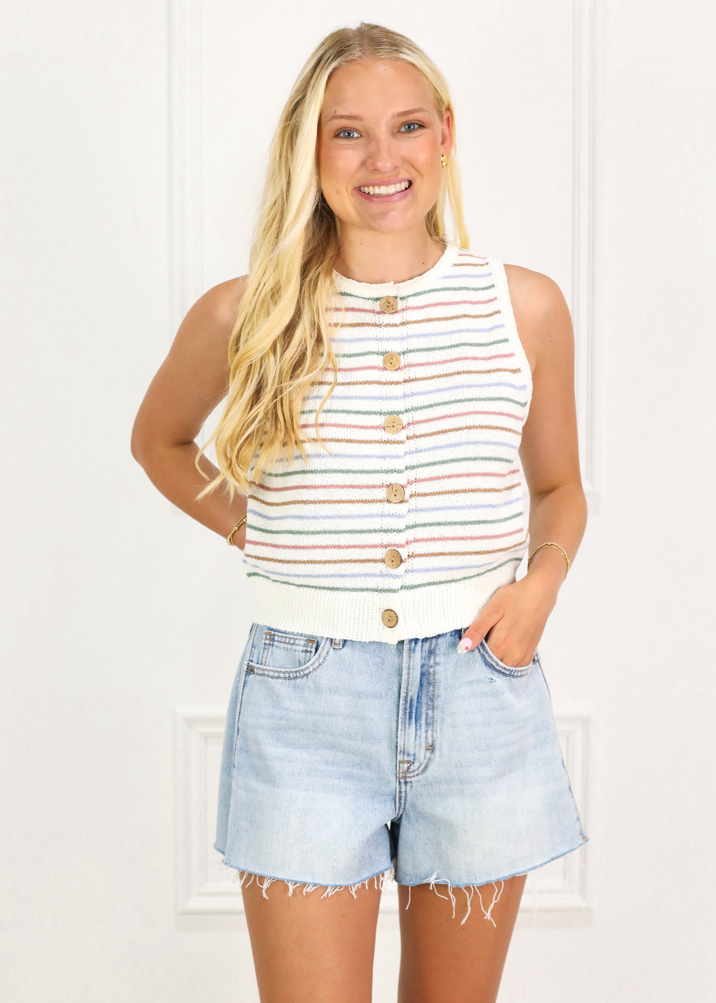Multi Stripe Button Knit Top White