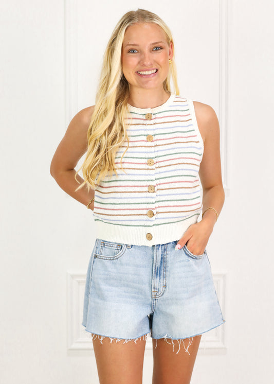 Multi Stripe Button Knit Top White