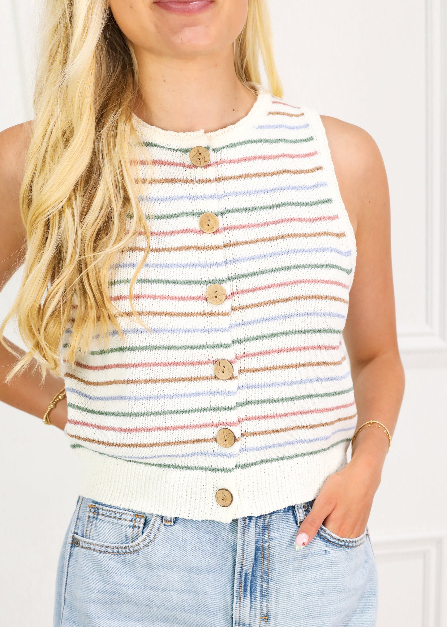Multi Stripe Button Knit Top White