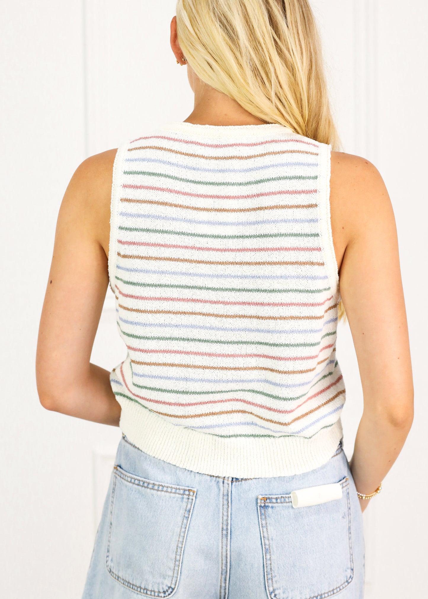 Multi Stripe Button Knit Top White