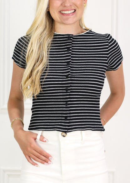 Button Down Stripe Top Black