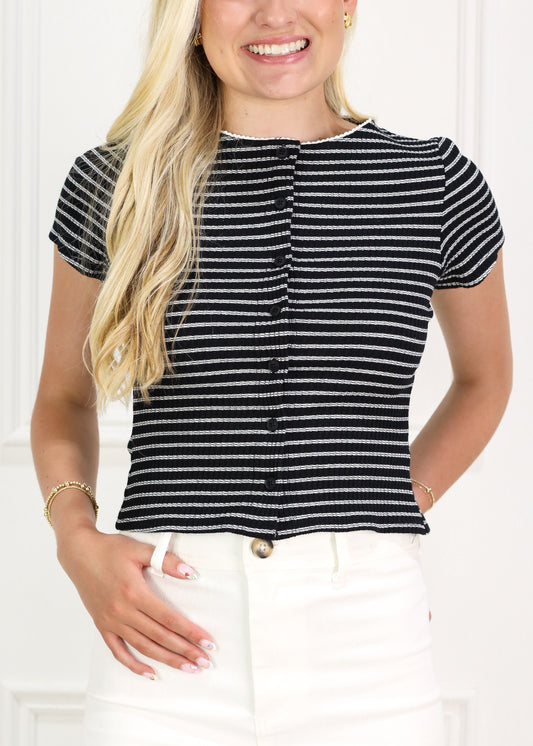 Button Down Stripe Top Black
