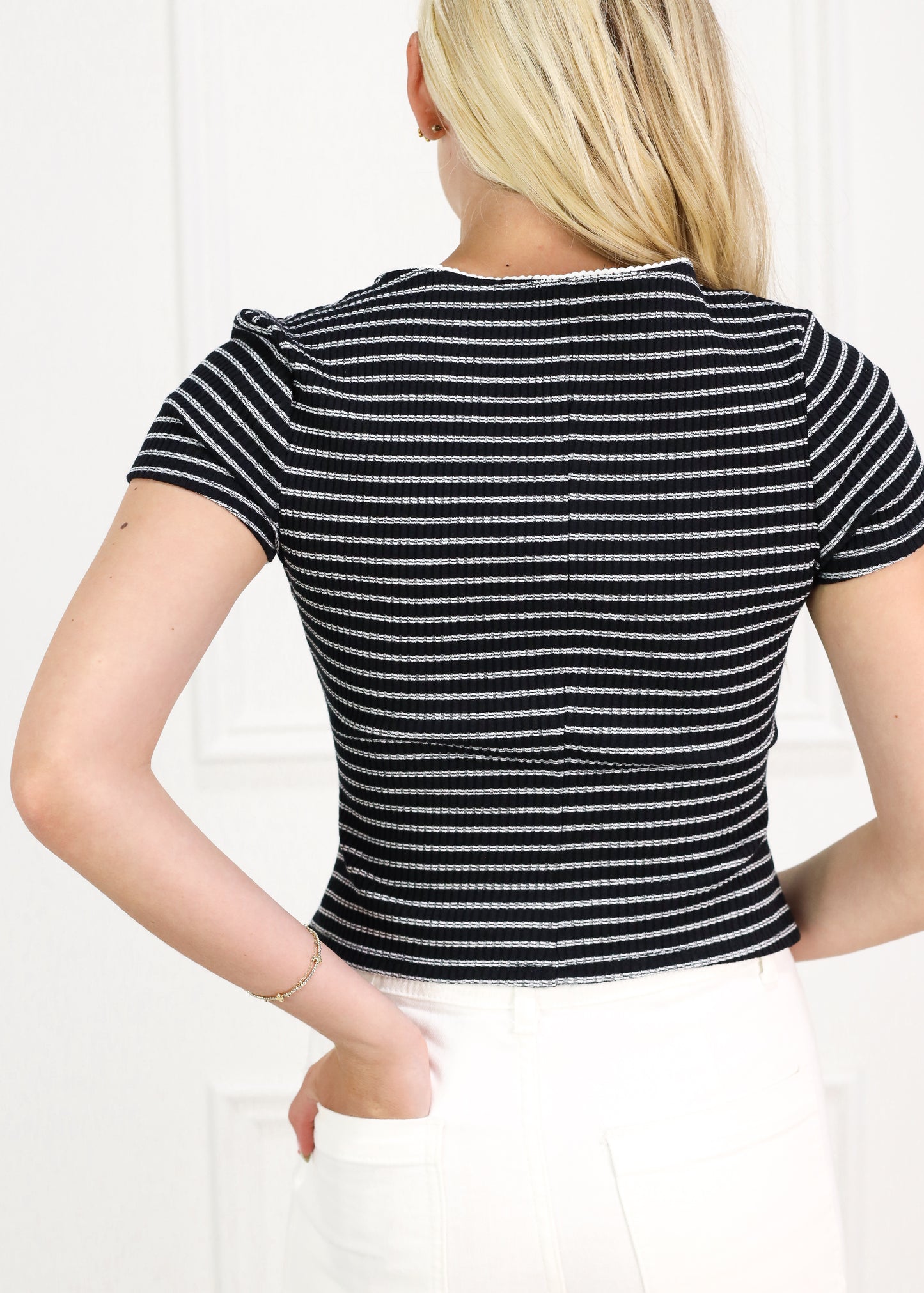 Button Down Stripe Top Black