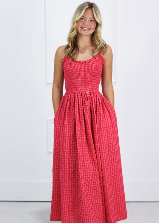 Cherry Smocked Gingham Midi Dress