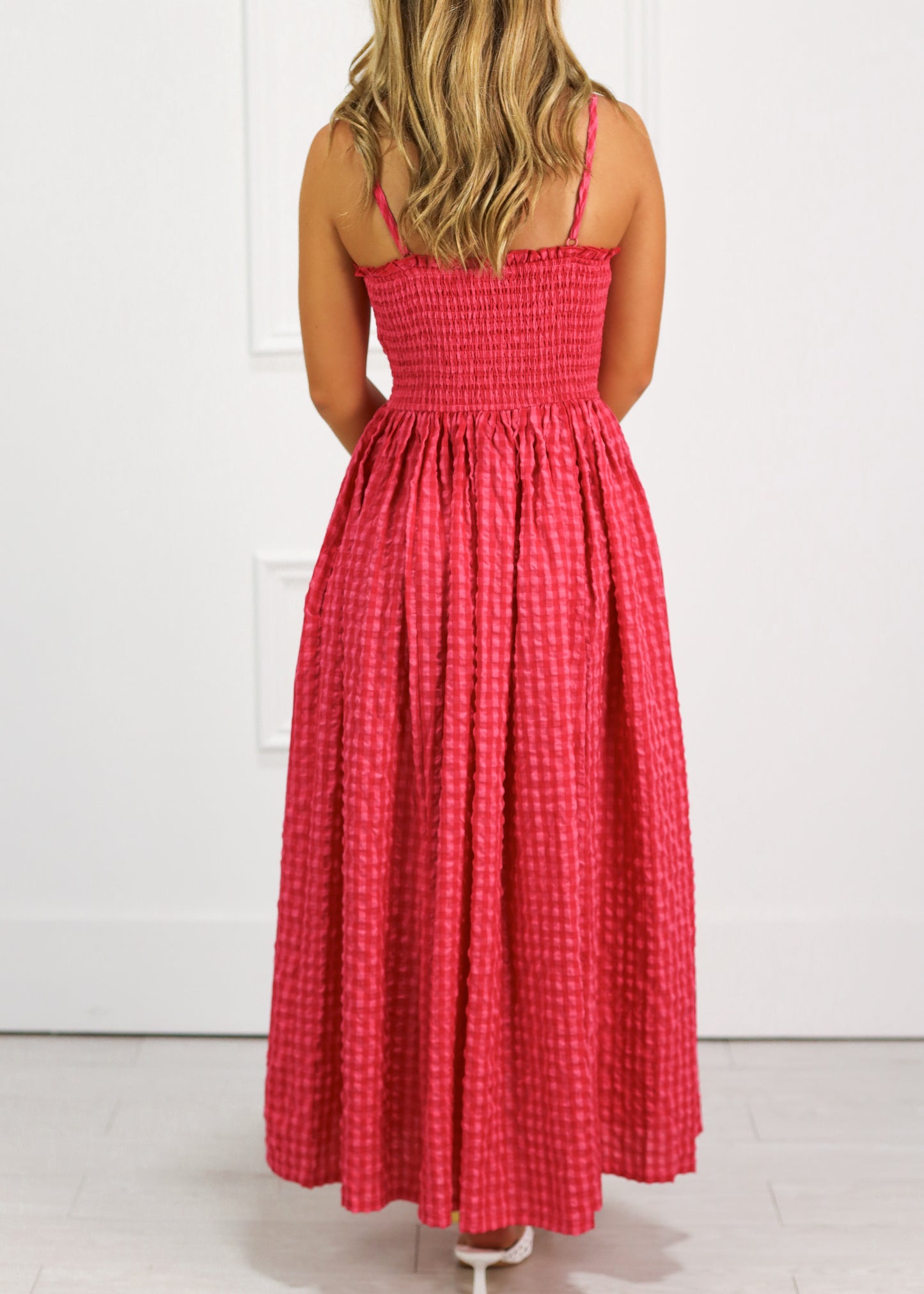 Cherry Smocked Gingham Midi Dress