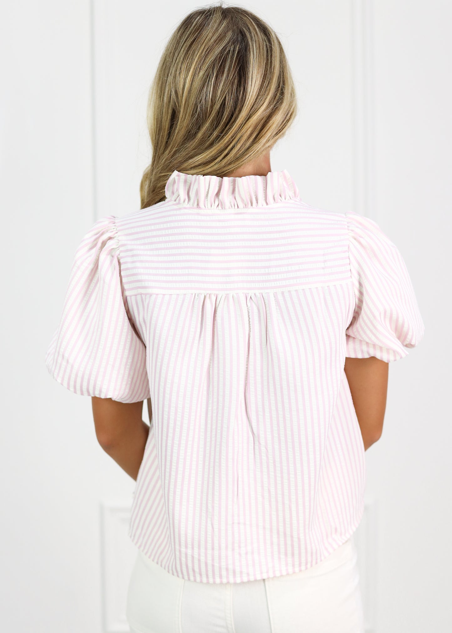 Sweet Pink Stripe Ruffle Blouse