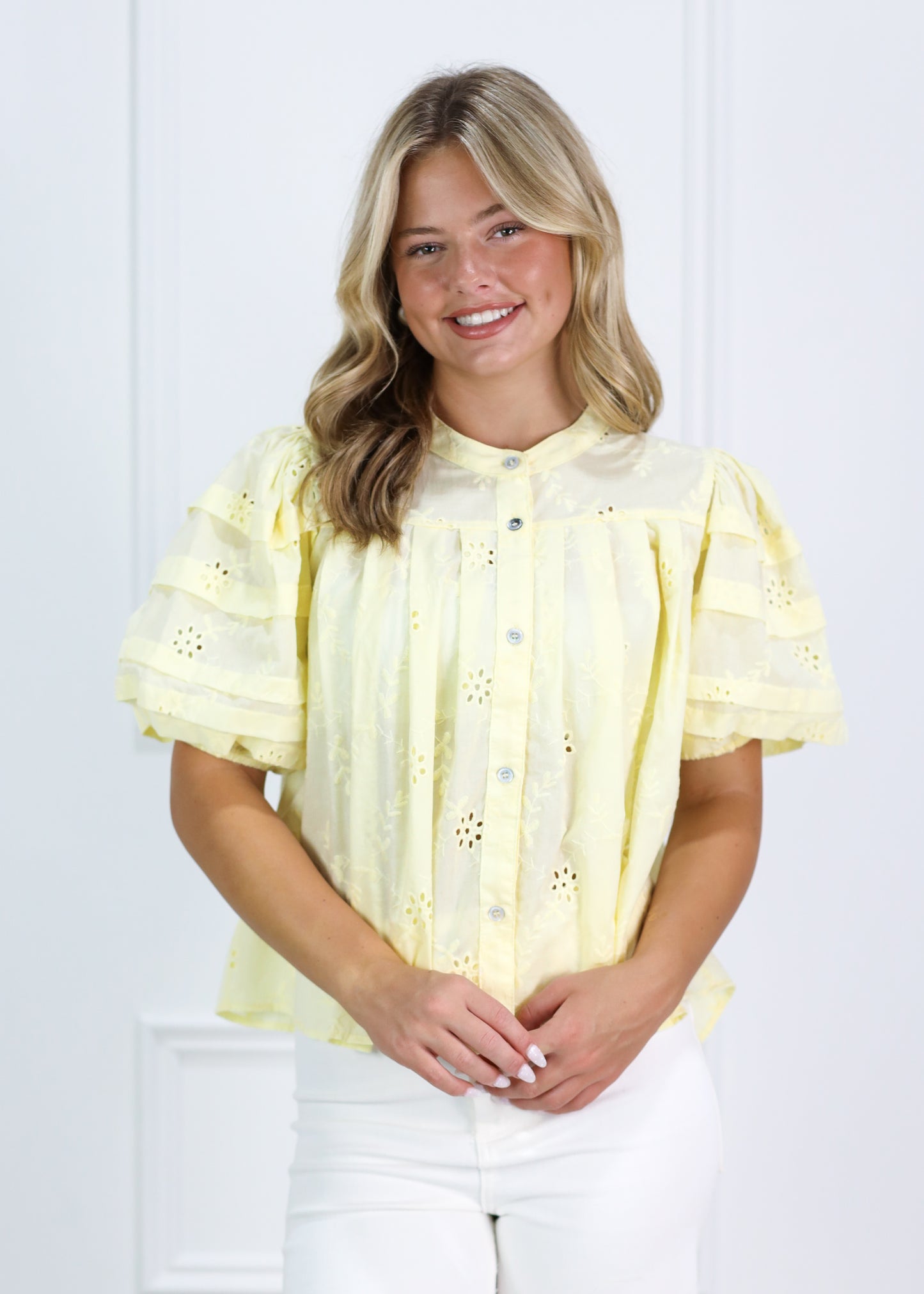 Eyelet Puff Sleeve Blouse Butter - Clothe Boutique
