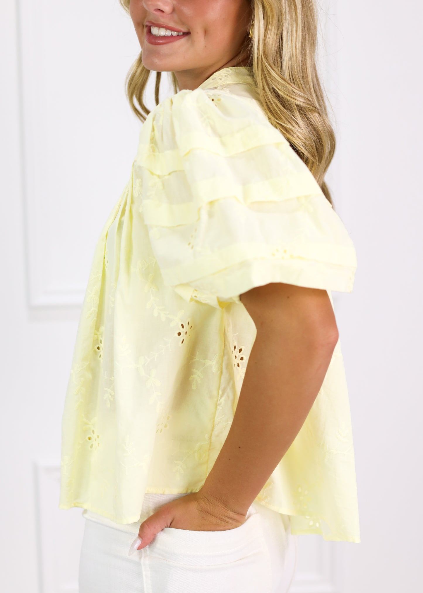 Eyelet Puff Sleeve Blouse Butter - Clothe Boutique
