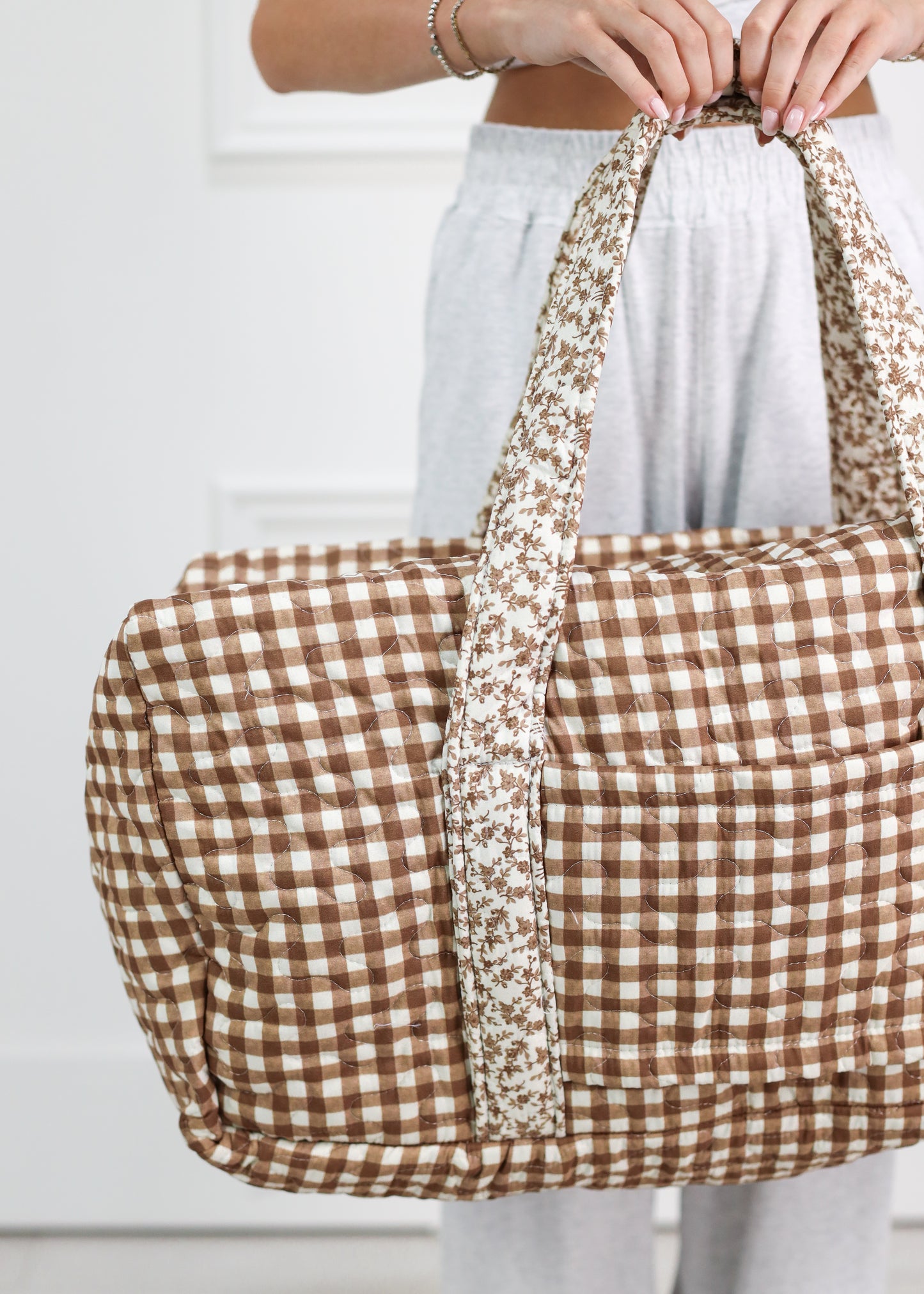 Brown Gingham Quilted Duffle Bag