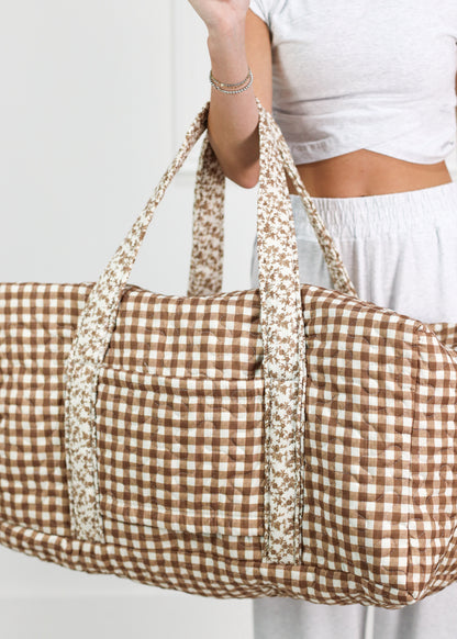 Brown Gingham Quilted Duffle Bag