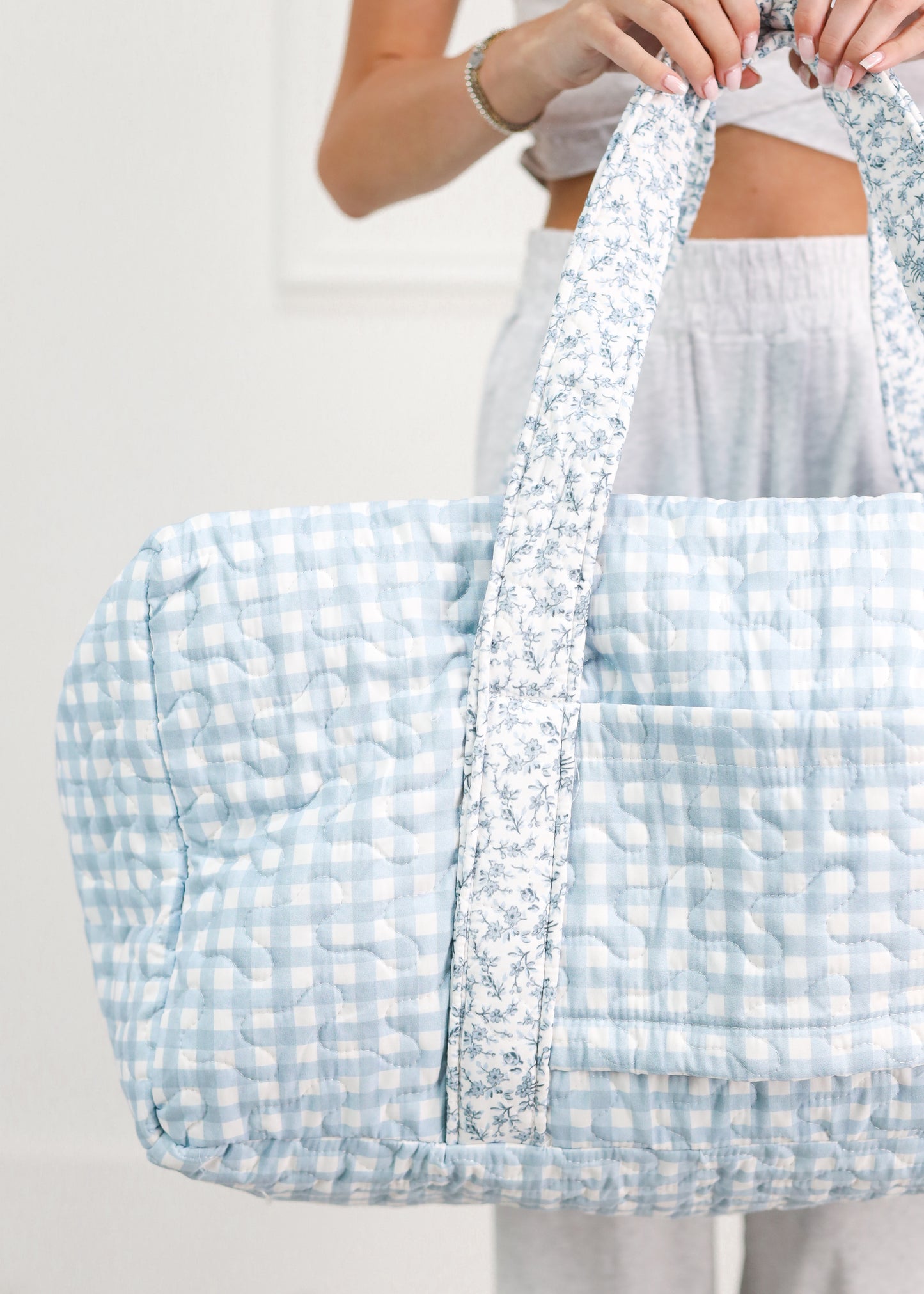 Blue Gingham Quilted Duffle Bag
