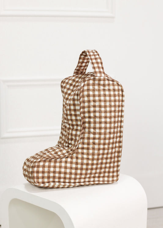 Brown Gingham Patchwork Quilted Boot Bag
