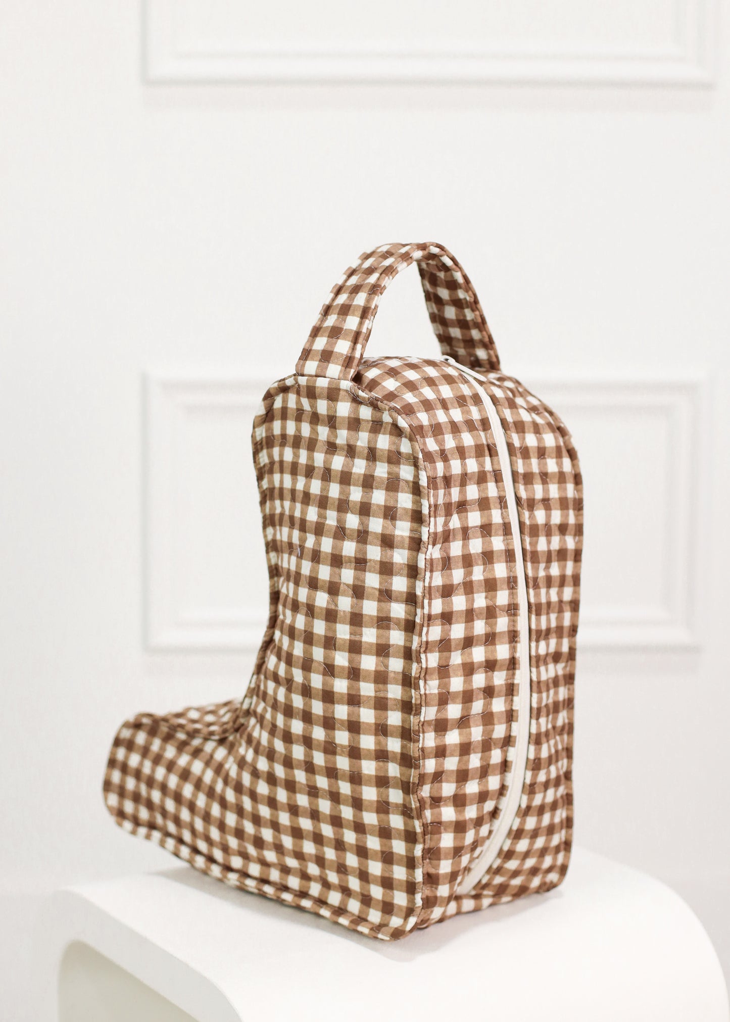 Brown Gingham Patchwork Quilted Boot Bag