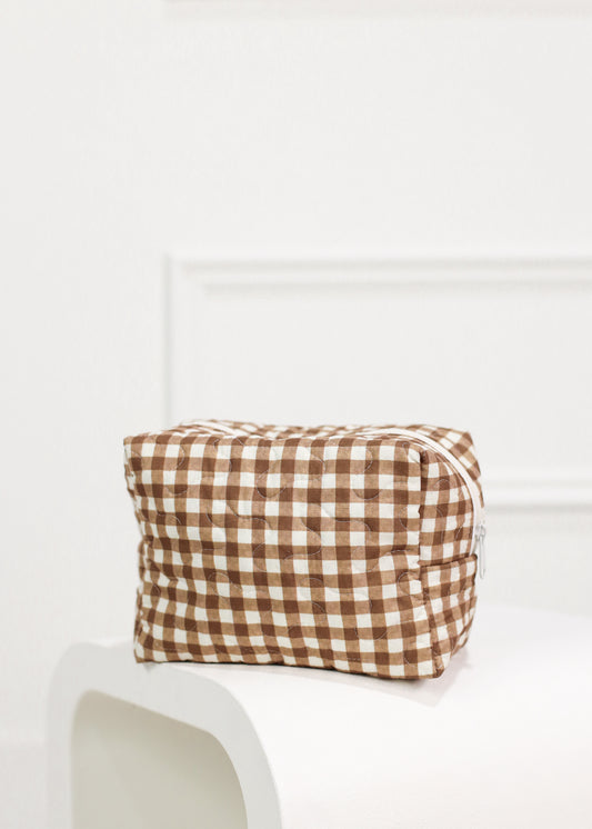 Brown Gingham Quilted Makeup Bag L
