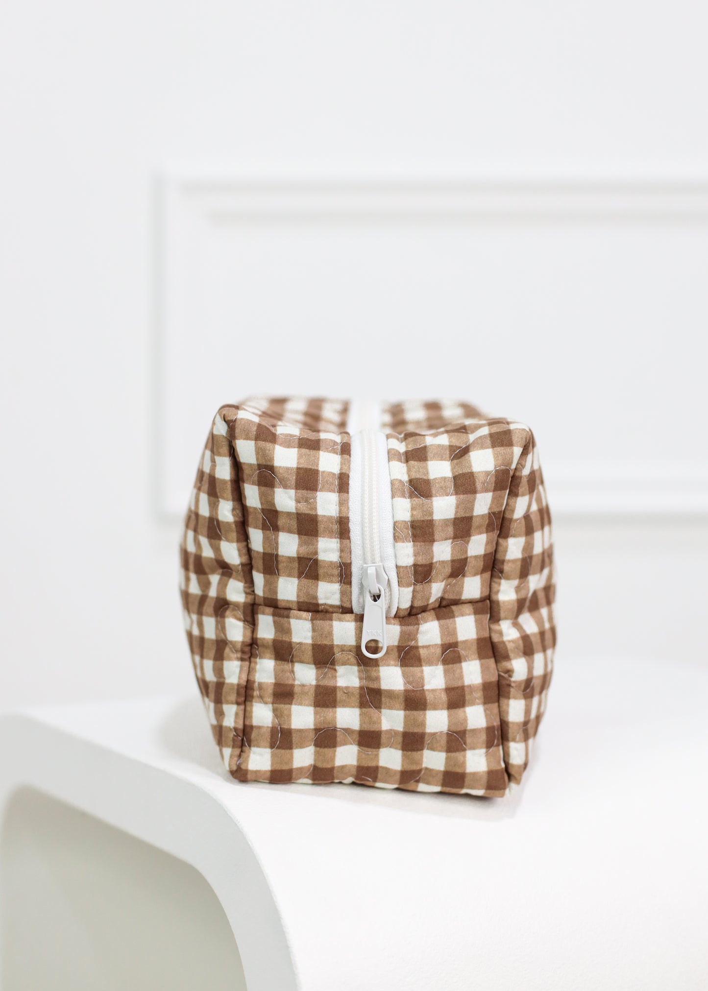 Brown Gingham Quilted Makeup Bag L